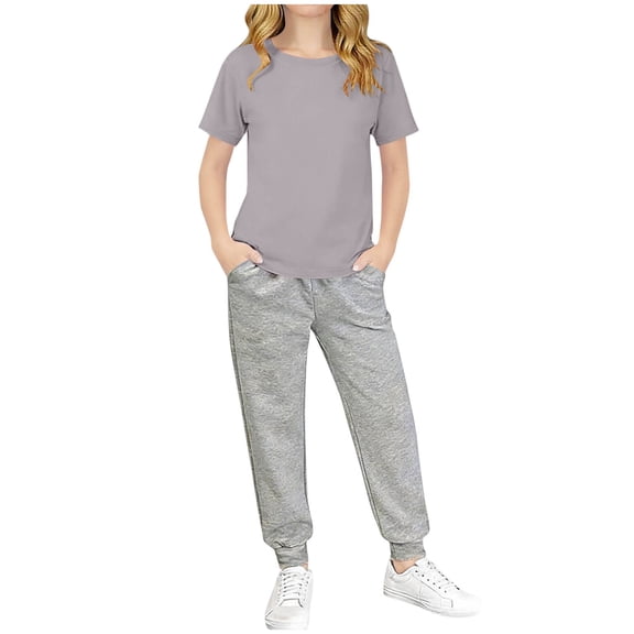 CYRBOKO Girls Outfit Sets, 2 Pieces Elastic Waist Comfy Short Sleeve T-shirts and Joggers Sets Gray Size 7-8 T