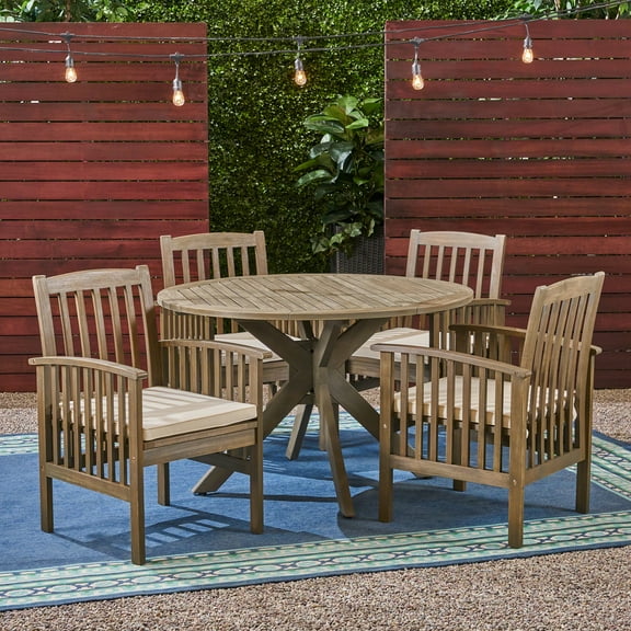 Frederic Outdoor 5 Piece Acacia Wood 47" Round Dining Set with X-Legs and Cushions, Gray, Cream