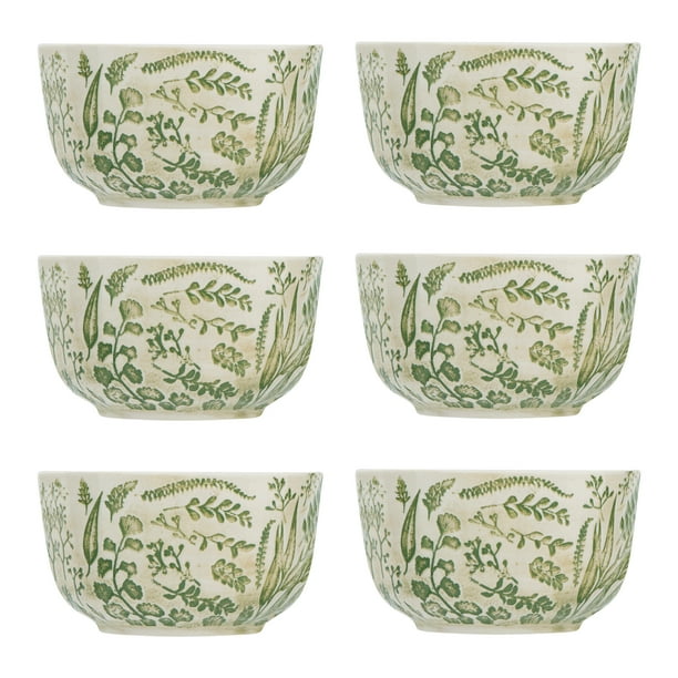 Creative CoOp White Stoneware Bowl with HandStamped & Embossed Green