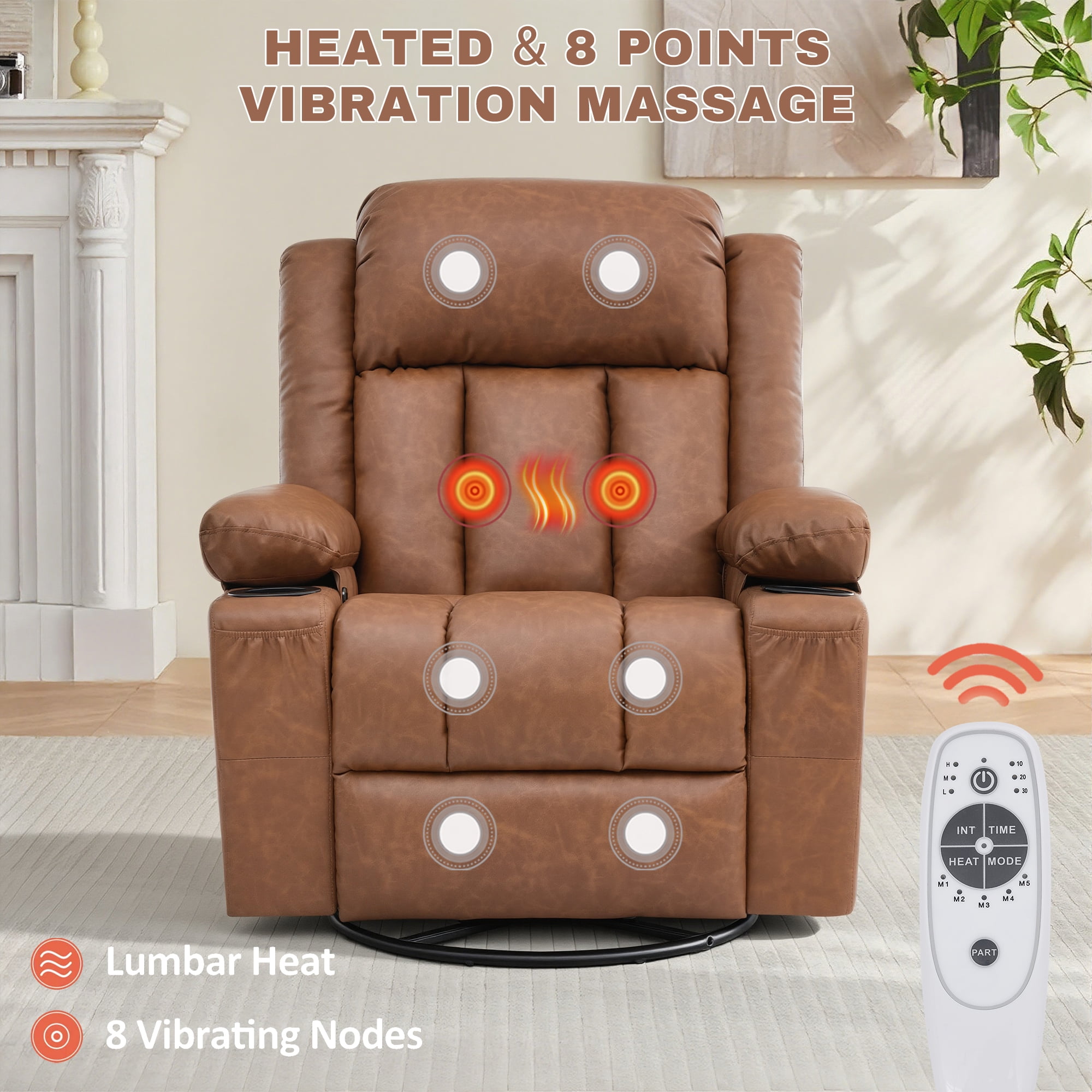 GAOHAPY Rocker Recliner Chair with Heat and Massage,360°Swivel Recliner Chair for Adults Elderly,Oversized Recliner Single Sofa Seat with 2 Cup Holders and Side Pocket(Brown)