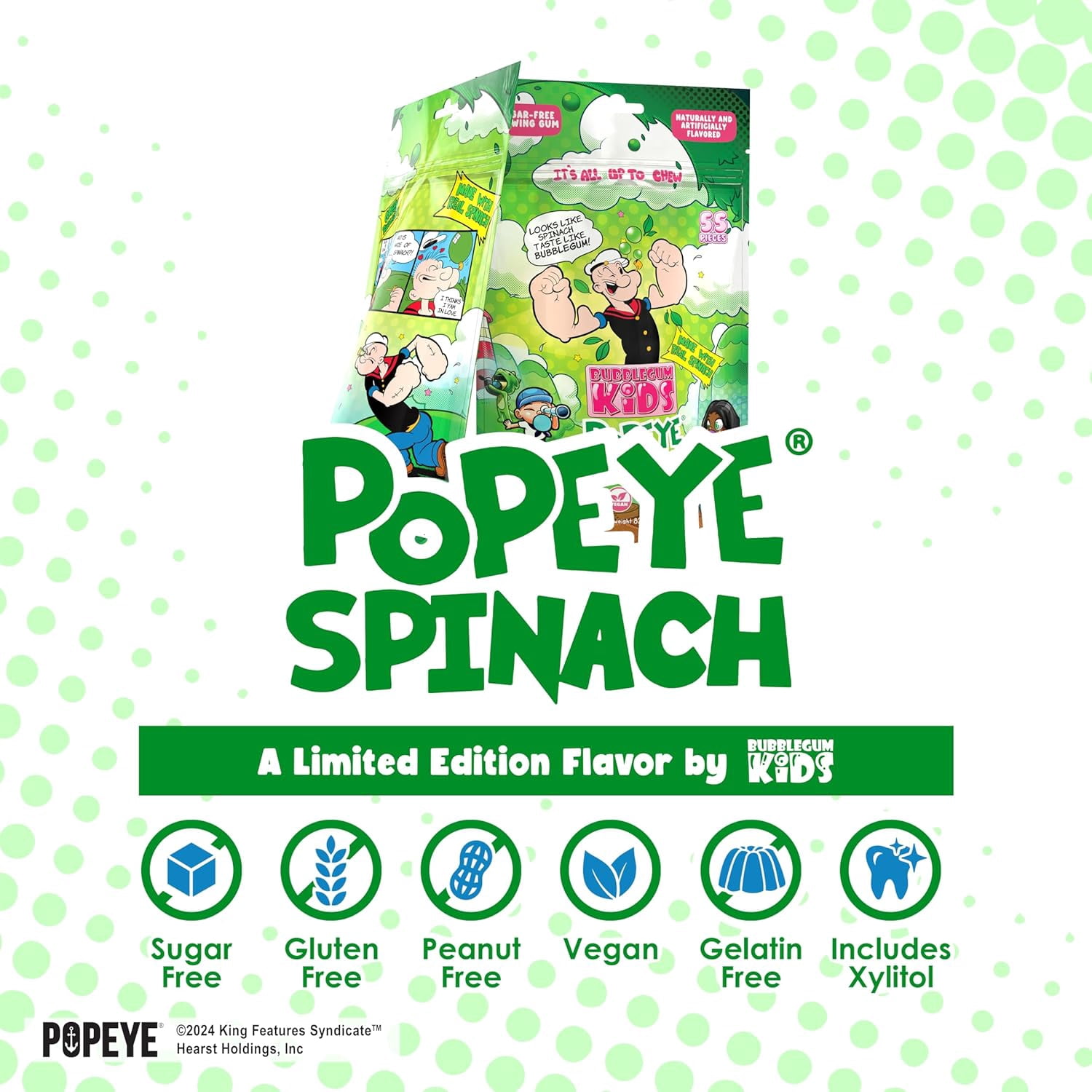 Bubblegum Kids Popeye’s Spinach Sugar Free Gum with Xylitol, Low Calorie Chewing Gum, Topical Fruit Flavor, 10-Pack (55 Count/Pack)