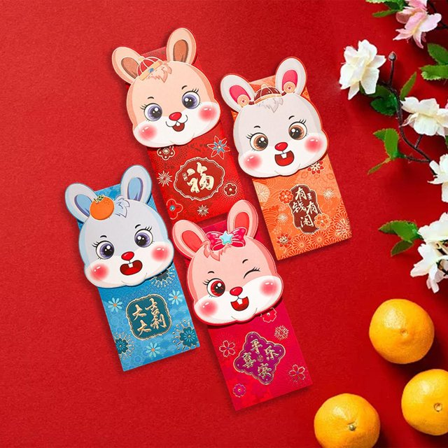 4 piezas rojo de dibujos animados bolsillos rojos sobres de regalo de dinero paquete rojo de dinero para el Festival de primavera , de cabeza grande Macarena Sobres rojos