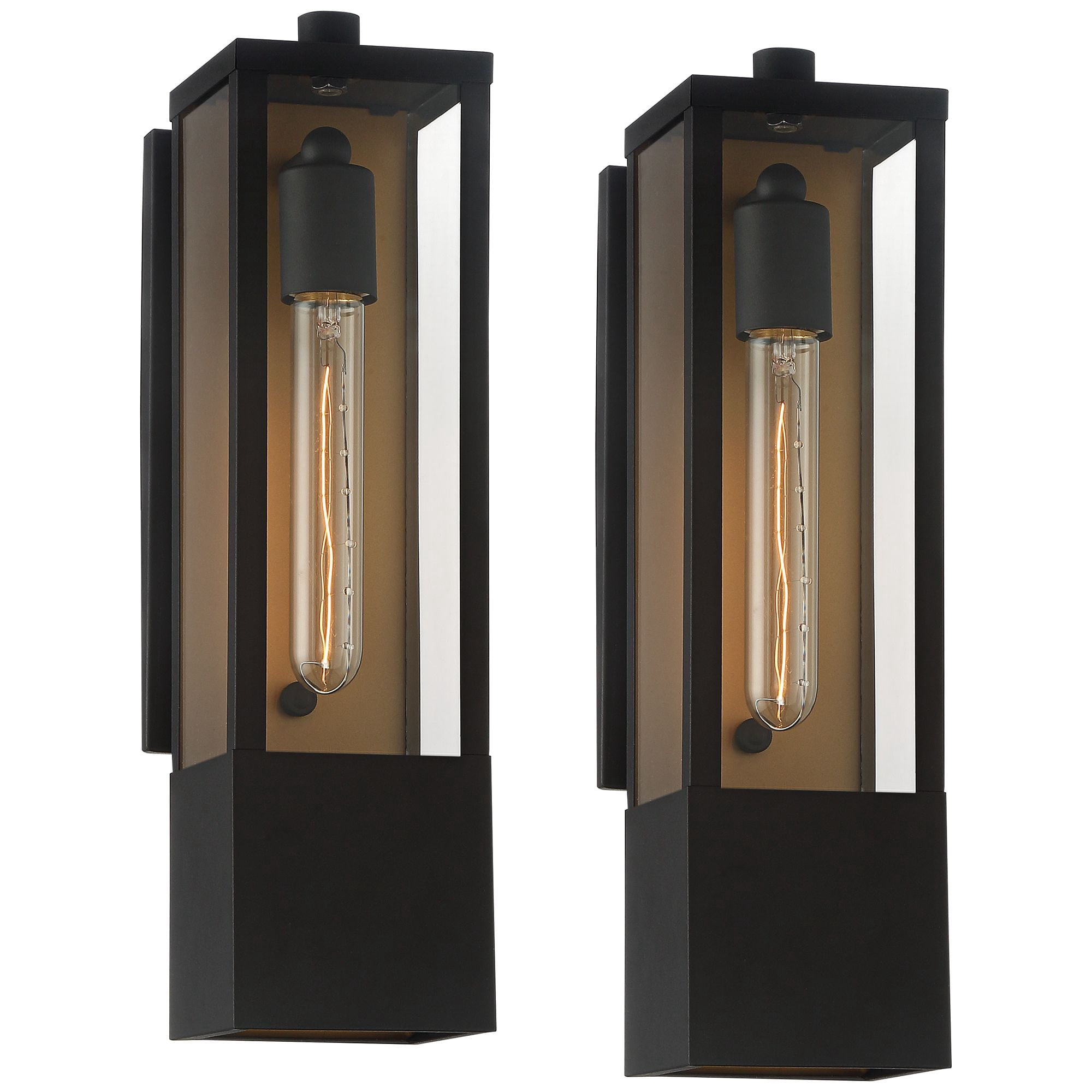 Possini Euro Design Berk Modern Outdoor Wall Light Fixtures Set of 2 Textured Black Gold Metal 16" Clear Glass for Post Exterior Barn