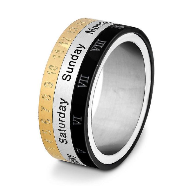Anillo giratorio para el dedo con calendario para la ansiedad para hombre, hora, semana, fecha, estado de ánimo, números, anillos giratorios negros de moda para hombres, tratamiento Fidget, 12