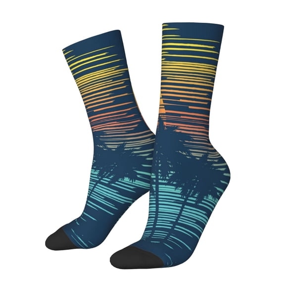 Gukieu Palm Trees Print Contrast Color Mid-calf Socks, Sweat-wicking Athletic Socks, Unisex Clothing Accessories