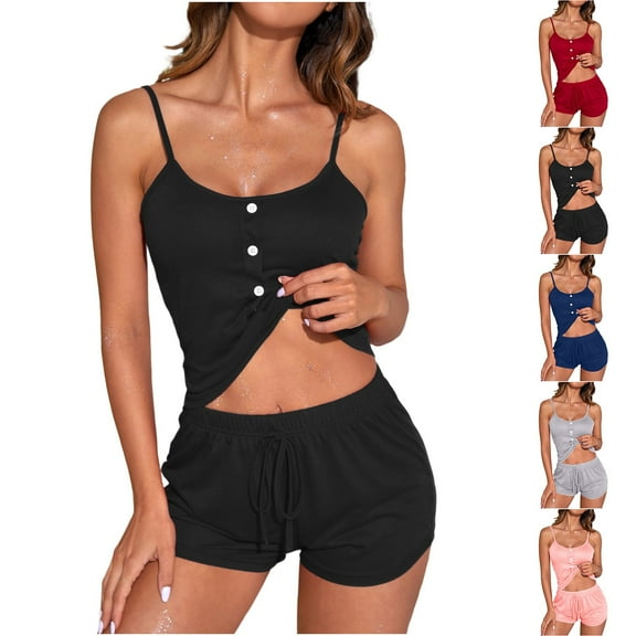 Fall Saving! HVOBTTY Women's Camisole and Shorts Pajama Sets, Pajama Sets for Women, Women's Casual Solid Color Slim Fitting Camisole and Shorts Homewear Pajama Sets Black, S