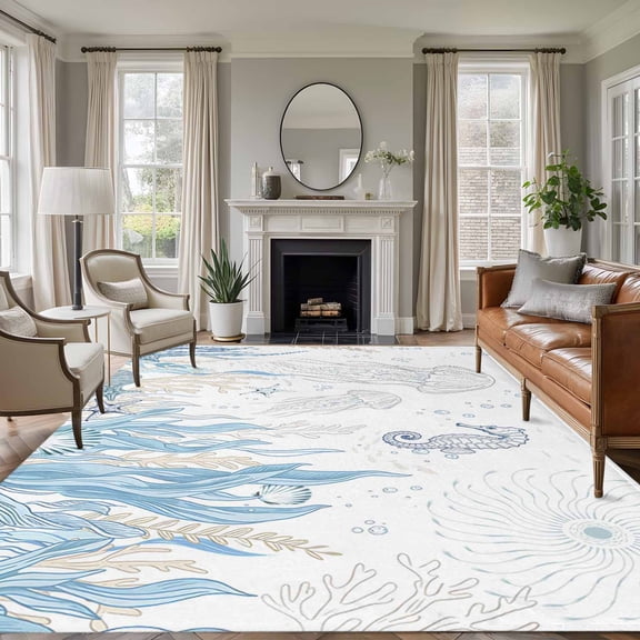 5'x7' Area Rugs for Living Room Bedroom, Seahorse Coastal Washable Rug Carpet Runner Indoor Outdoor, Summer Beach Ocean Nautical Coral Non Slip Floor Mats Area Rug for Kitchen, Nursery