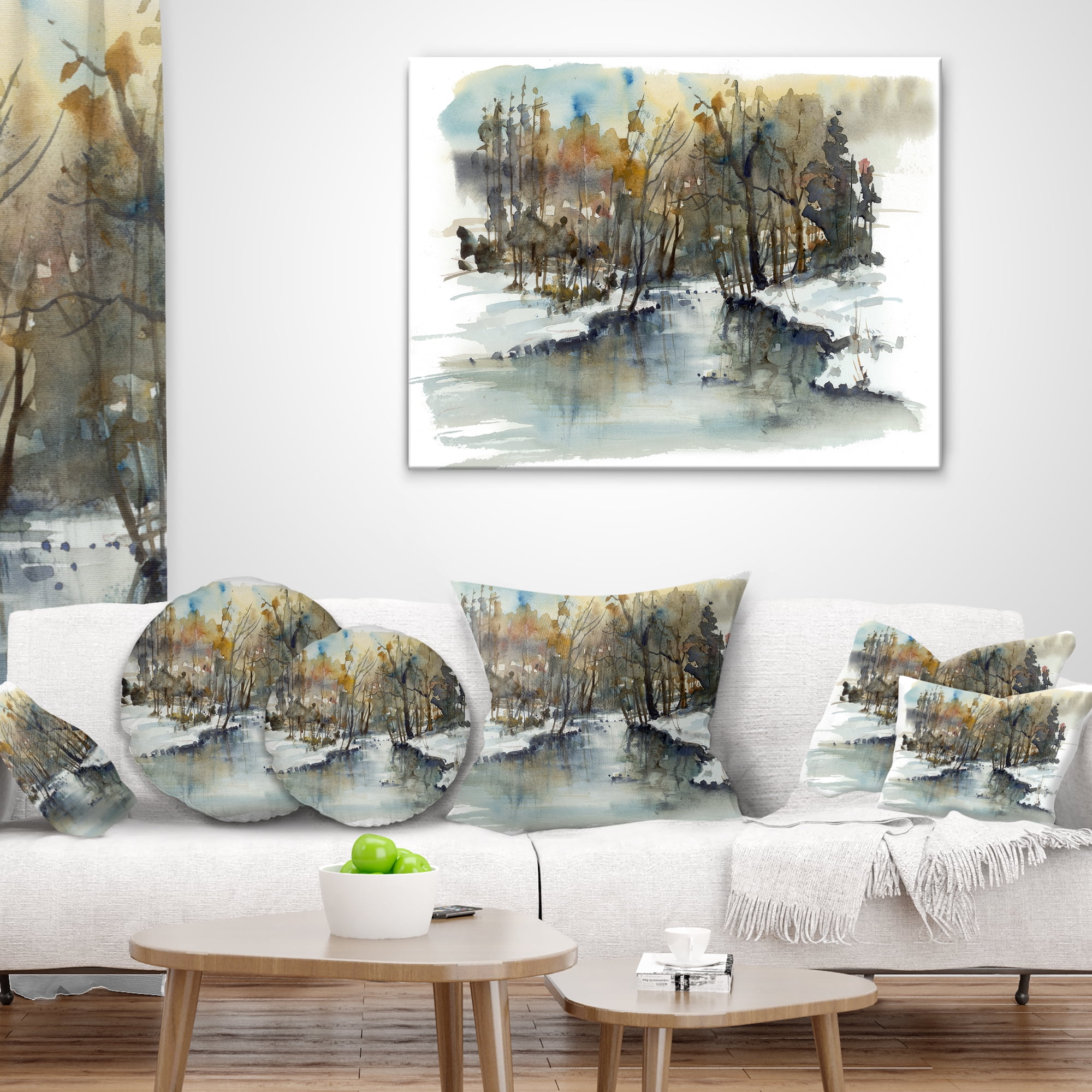 Designart River in Woods Watercolor - Landscape Painting Throw Pillow - 12x20