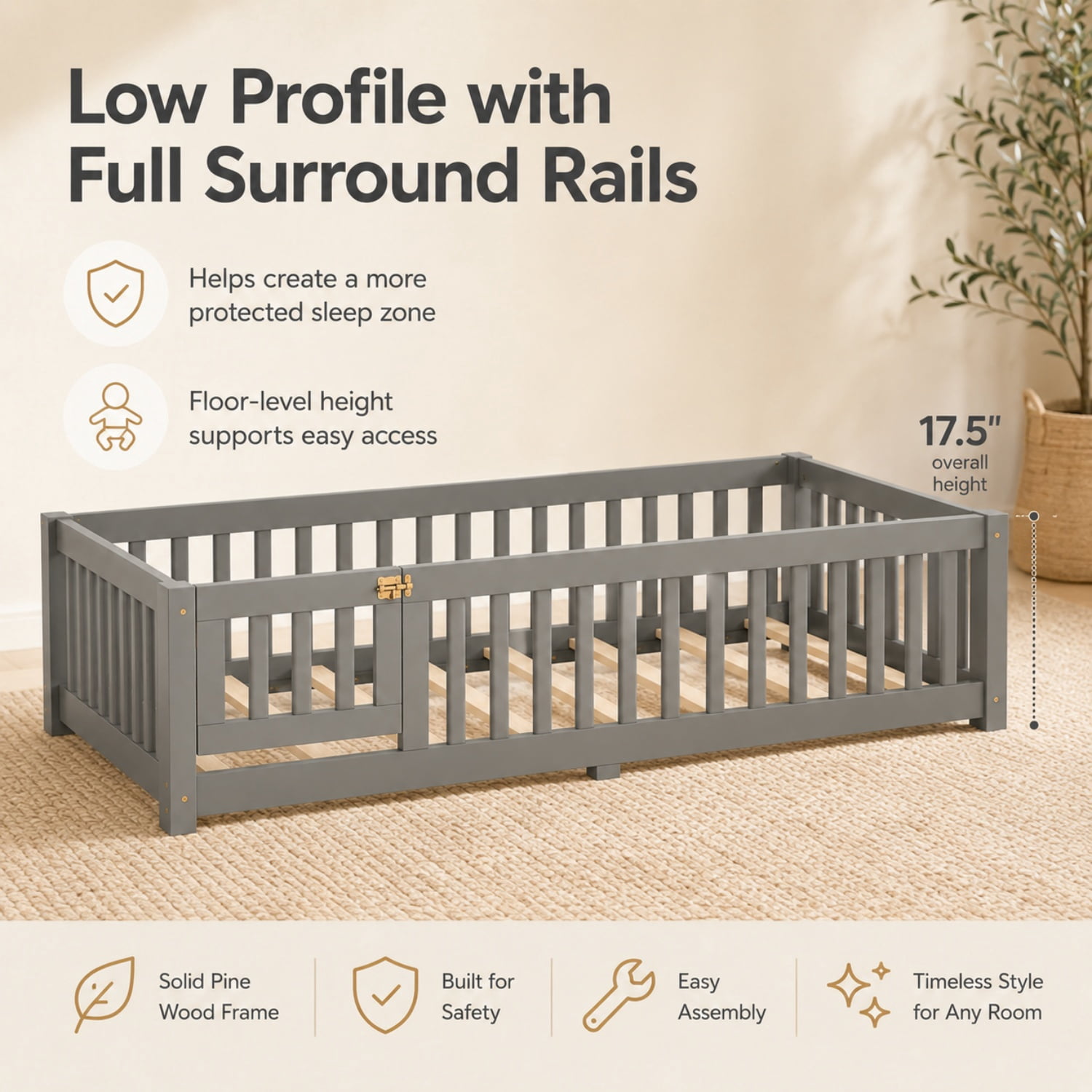 Miniyam Twin Floor Bed for Kids – Low Profile Wood Bed Frame with Rails, Gray