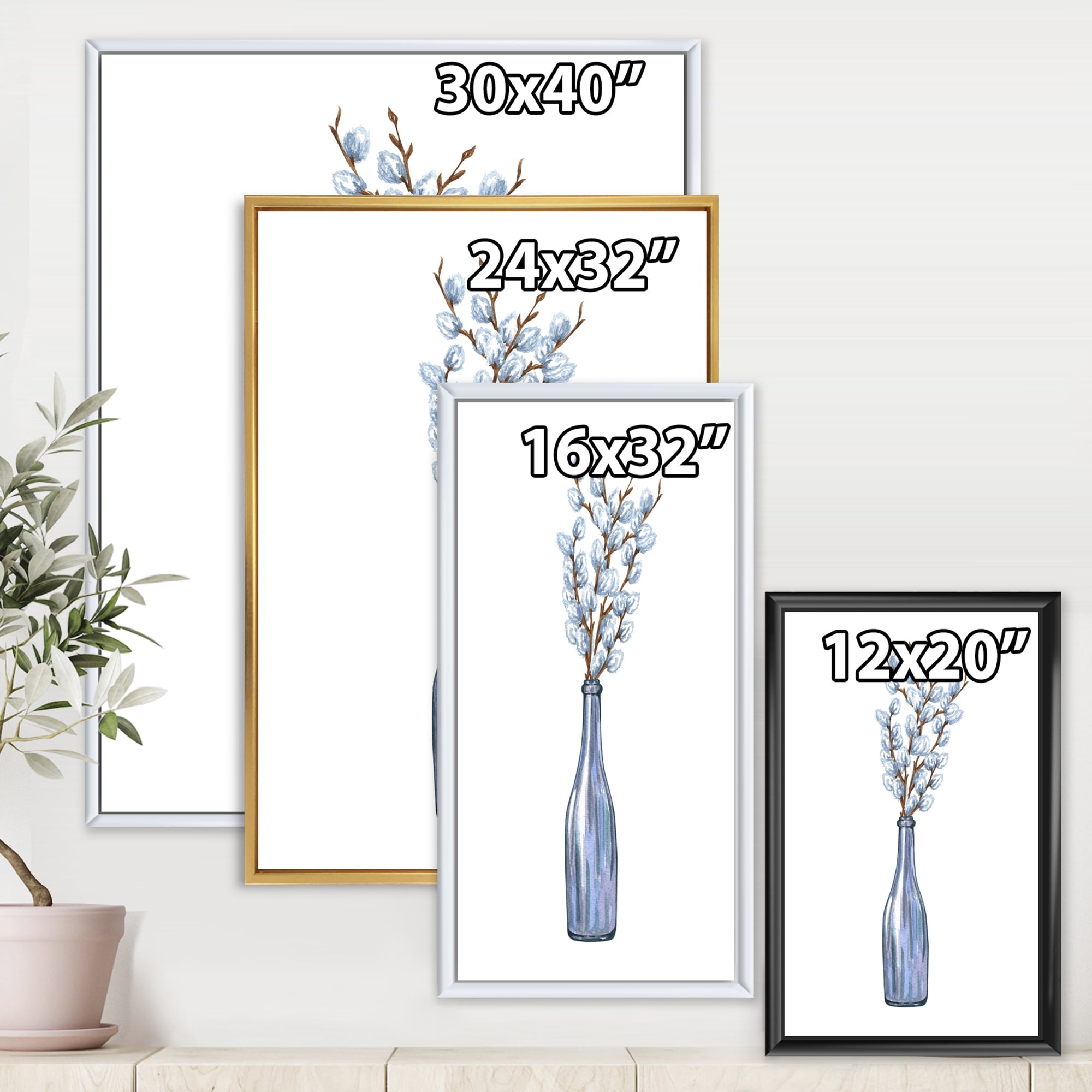 Designart 'Bunch of White Pussy Willow Twigs II' Farmhouse Framed Canvas Wall Art Print