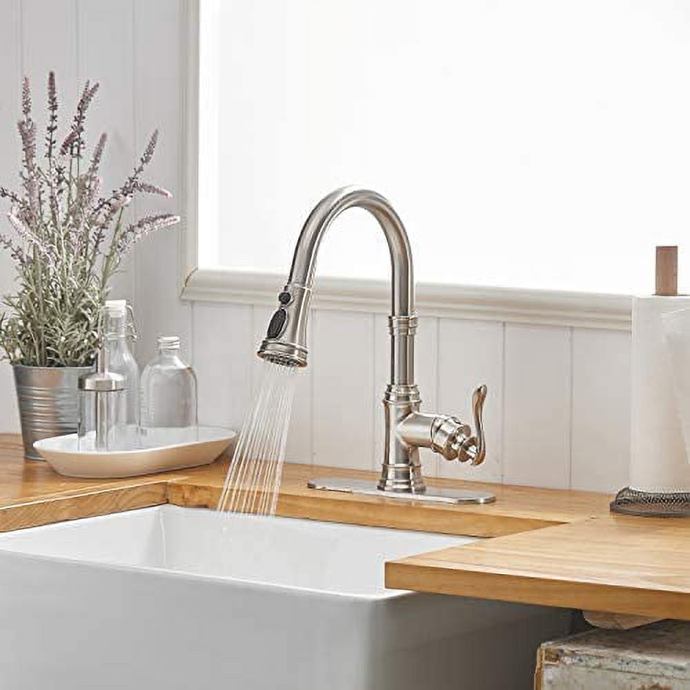 BWE Kitchen Faucet with Pull Out Sprayer 3 Spray Modes Brushed Nickel Single Handle Singe Lever High Arc Kitchen Sink Faucet with Deck Plate Commercial Bar Farmhouse Pull Down Sprayer