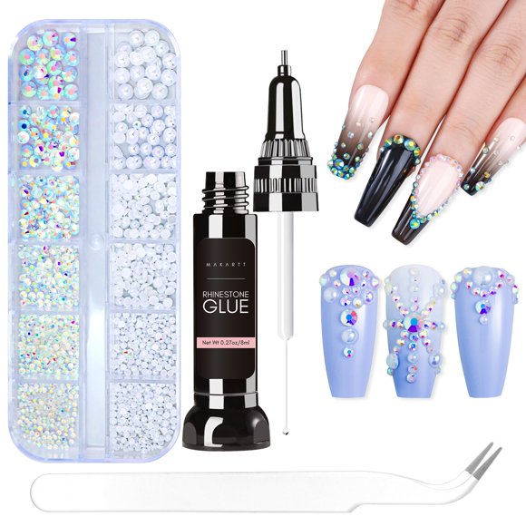 Pegamento para uñas con diamantes de imitación Makartt AB, 8 ml, con pinzas y diamantes de imitación