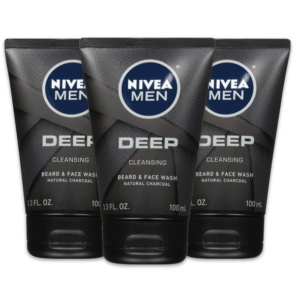 NIVEA Men DEEP Cleansing Beard & Face Wash - With Natural Charcoal to Deeply Clean - 3.3 fl. oz. Tube (Pack of 3)