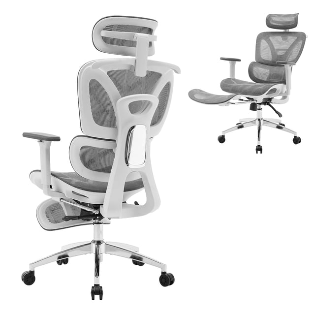 Silla Ergonómica de Oficina – Respaldo Alto de Malla – Apoyabrazos 3D y Reposacabezas – Soporte Lumbar Dinámico – Reclinación 125° – Giratoria – Hogar u Oficina – Blanco/Gris