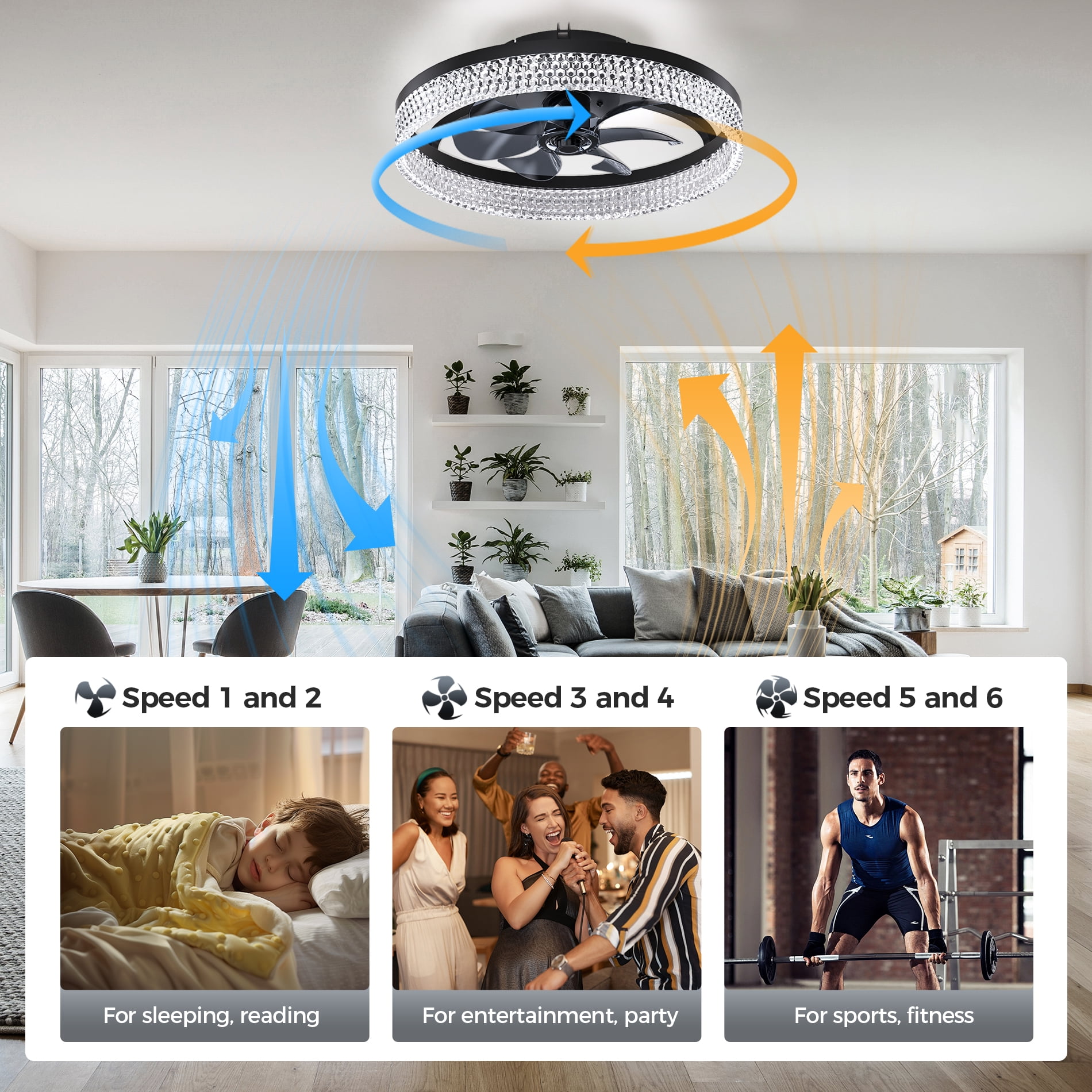 XAUJIX Ceiling Fan with Light and Remote, 20" Dimmable Low Profile Ceiling Fan, 6 Speeds Fan Light, Bladeless Modern Smart Ceiling Fans with Lights for Bedroom