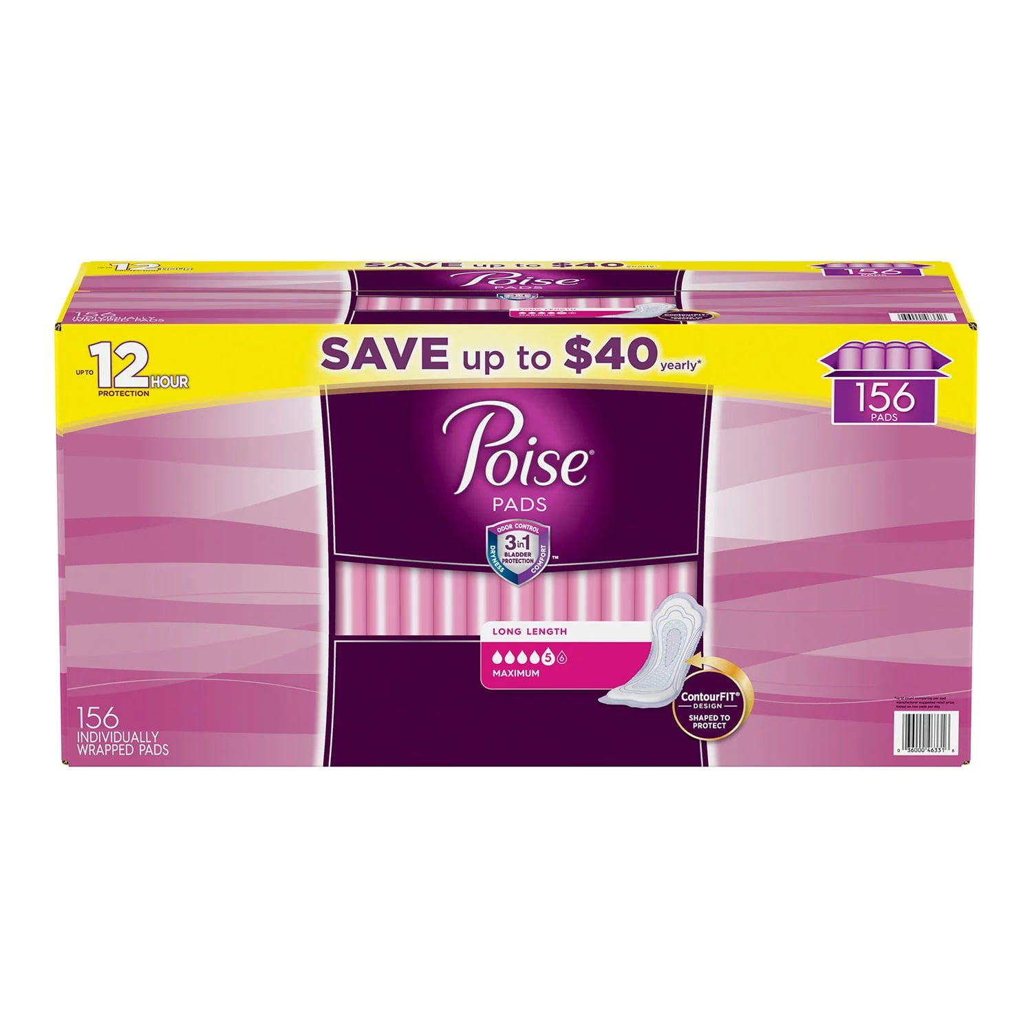 Poise Incontinence Pads, Maximum Absorbency, Long, 156 Count