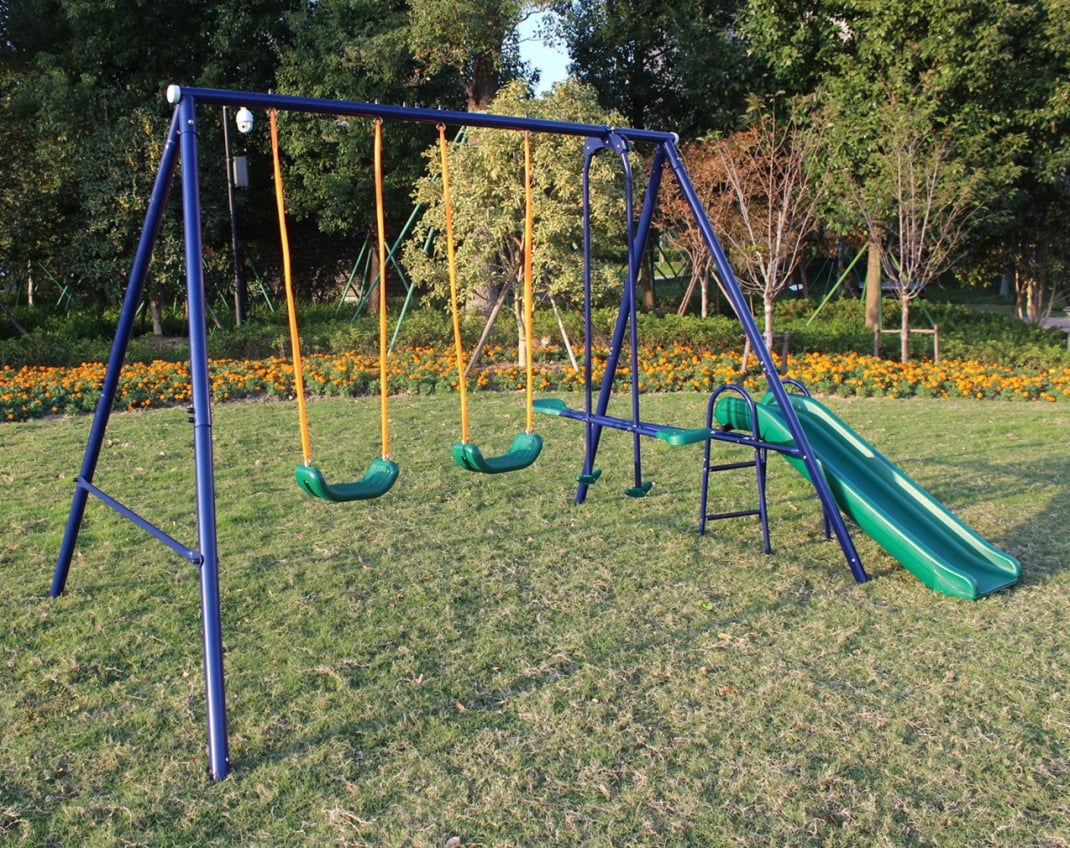 AMPOOCA 4-in-1 Blue A-Frame Swing Set with 2 Swings, Glider, Slide, Steel Frame Blue, 72.69 lb