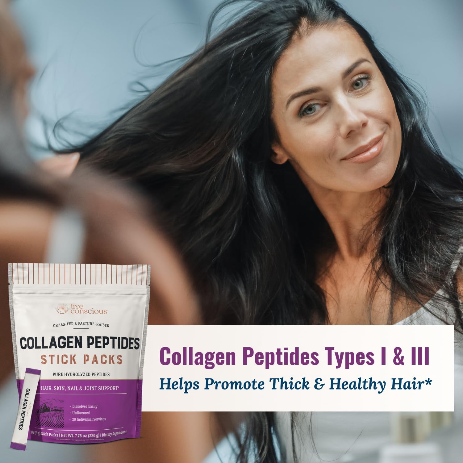 Live Conscious Collagen Peptides Packets with Biotin & Vitamin C - Grass-Fed, Hydrolyzed, Hair Skin Nail & Joint Support for Adults - 20 pack