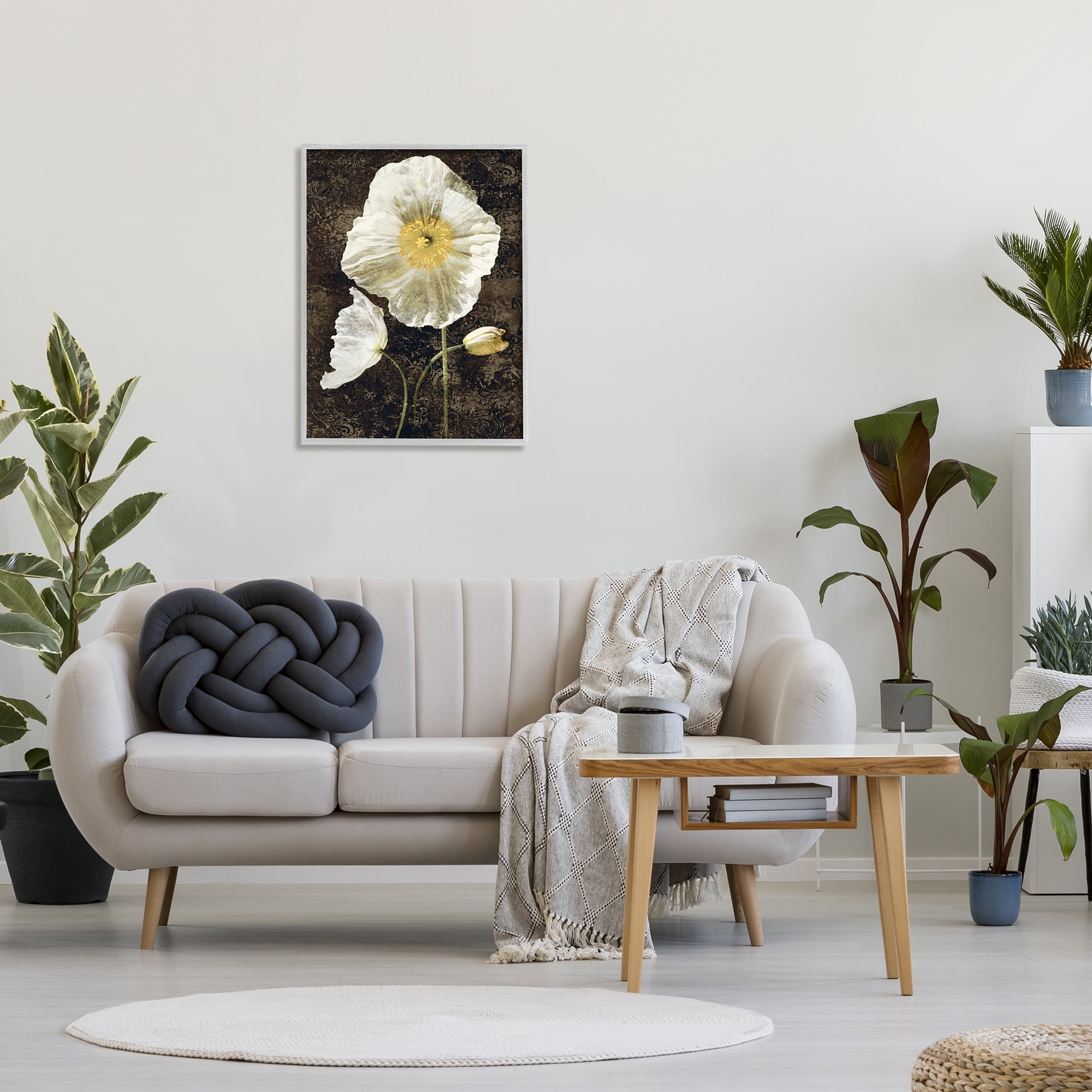 Stupell Industries Rustic White Poppies Botanical & Floral Painting Gray Framed Art Print Wall Art, 24 x 30