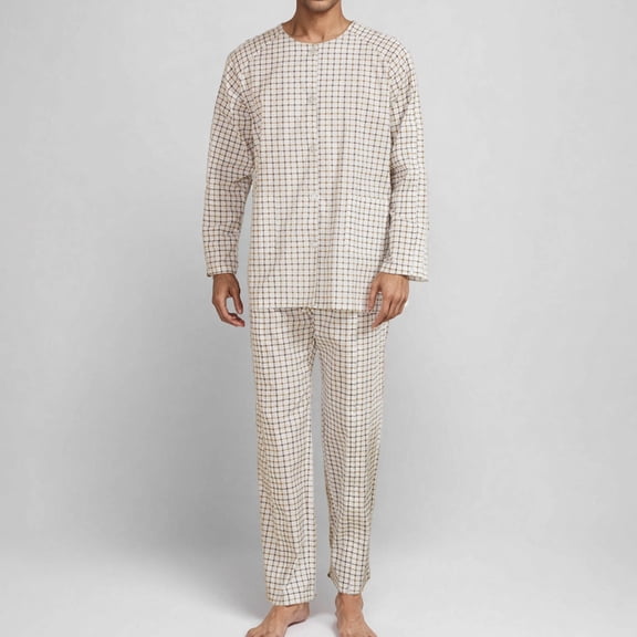 Pajams Man Checkered Pocket Button Patient Care Gown Long Sleeve Round-Neck Pajama Sets Men's pjs Men’s pajamas Fall pajamas Men Pijamas for Men Set Mens Soft Pajamas Sets