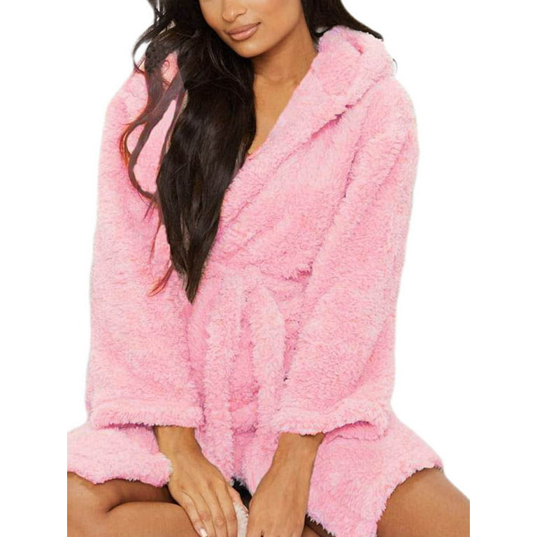 wybzd Women's Nightgown Long Sleeve Robe Hoodies Rabbit Pajamas Cute Ladies  Nightgown Hooded Bathrobe Pink L