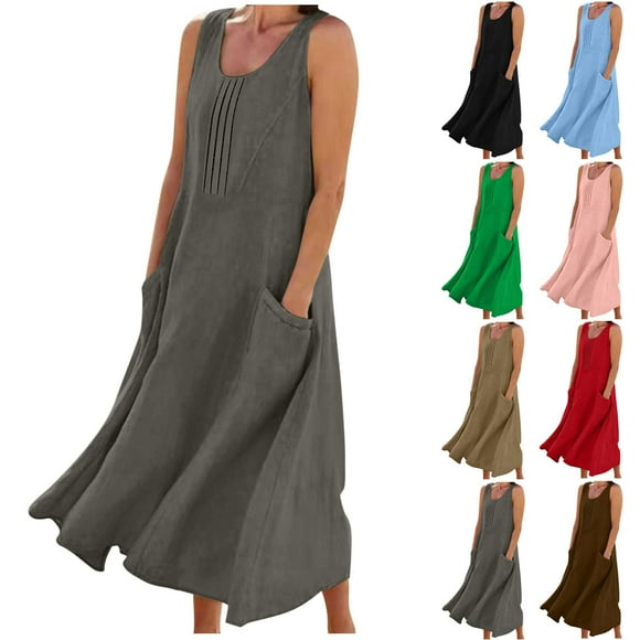 Flowy Dresses for Women Crewneck Sleeveless Linen Dress Pleated Front Breathable Summer Maxi Dresses Solid Color Lightweight Long Dress with Pockets Light Blue Dress,Size S-2XL