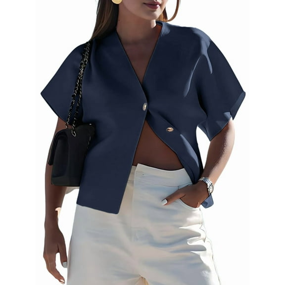 Womens Oversized Cardigan Short Sleeve - Button V Neck Casual Knit Sweater Outerwear Navy Blue S