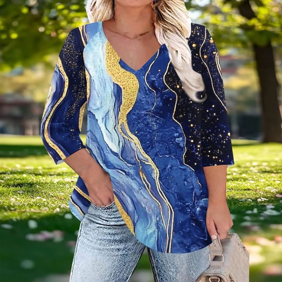Ounisa Womens Plus Size Tops Non Positioning Printed V Neck T Shirts 3/4 Sleeve Blouse Summer Loose Casual Tees