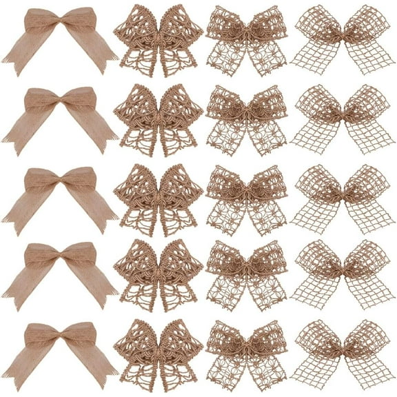 2 Sets 24Pcs Small Burlap Bows Burlap Ribbon Tan Flax Handmade Woven Hollow Mini Twist Tie Bowknot Wreath Craft Decoration for Wedding Party Christmas Tree Home Gift Wrapping DIY Decor Brown