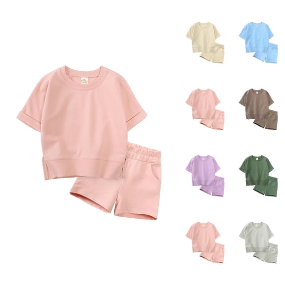 Girl Clothes Girl Set Toddler Kids Baby Boy Girl Solid Cotton Pullover Short Sleeve Sweatshirt T Shirt Crewneck Tops Shorts Set Spring Summer Clothes