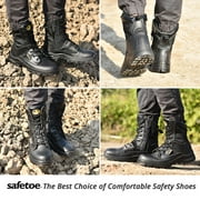 SAFETOE Heavy Duty Tactical Boots Mens Cow Leather Boots 8 Steel Toe Work Safety Shoes with Side Zipper Non-Slip Lightweight Comfortable