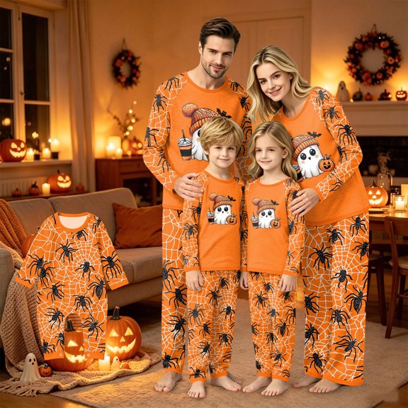 Matching Halloween Pajamas Set for Whole Family, Breathable Long Sleeve Halloween Family Pajamas with Ghost Hat Pumpkin Print, Fun Family Halloween Pajama Set Party