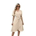 thumbnail image 3 of Women'S Wrap Dress V Neck Short Sleeve Waist Tie Ruffle Split Midi Casual Dress apricot L, 3 of 9