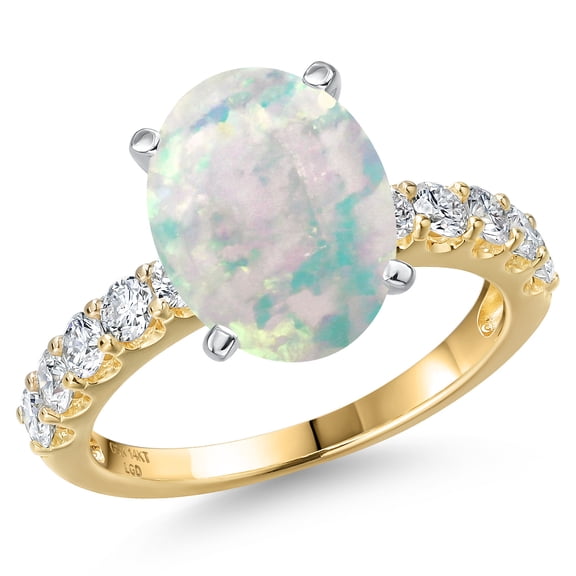 Gem Stone King 14K Two Tone Gold Simulated White Opal and Lab Grown Diamond Engagement Ring for Women | 4.65 Cttw | Oval Cabochon 12X10MM | Gemstone October Birthstone | Size 9
