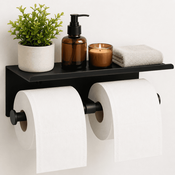 Toilet Paper Holder with Shelf, Wall Mounted Double Roll Toilet Paper Holder, Stainless Steel Toilet Paper Storage Dispenser with Phone Shelf for Bathroom, Matte Black