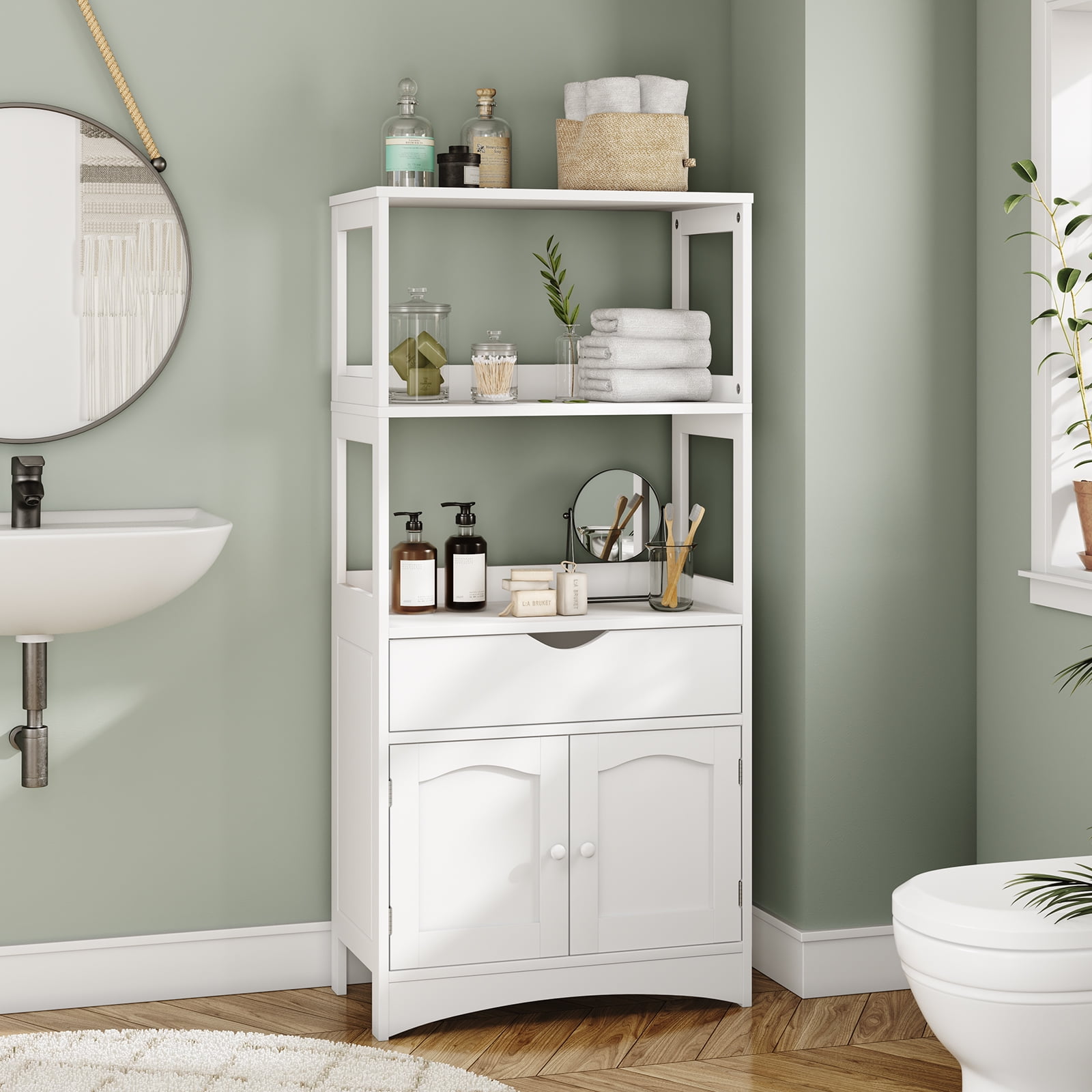 Kitchen Pantry Storage Cabinet with Microwave Stand&Drawer, Modern Sideboard Storage Cabinet with 2 Open Shelves, Tall Display Unit/Freestanding Floor Bathroom Cabinet for Bedroom Living Room, White