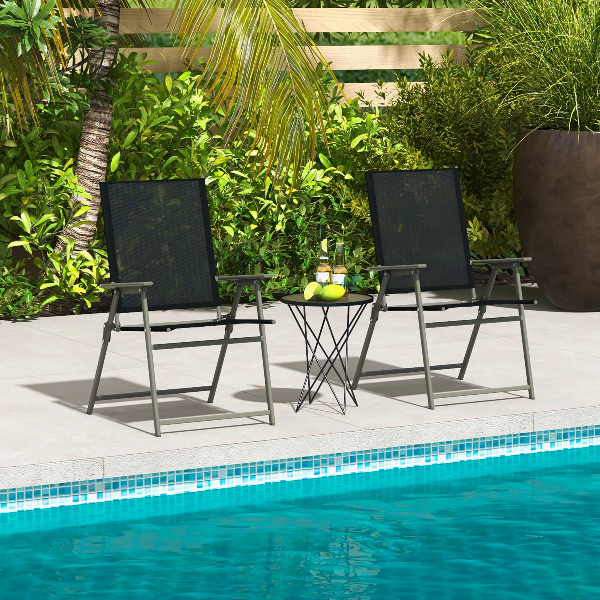 Costway 4pcs Patio Folding Portable Dining Chairs Metal Frame Armrests Garden Black