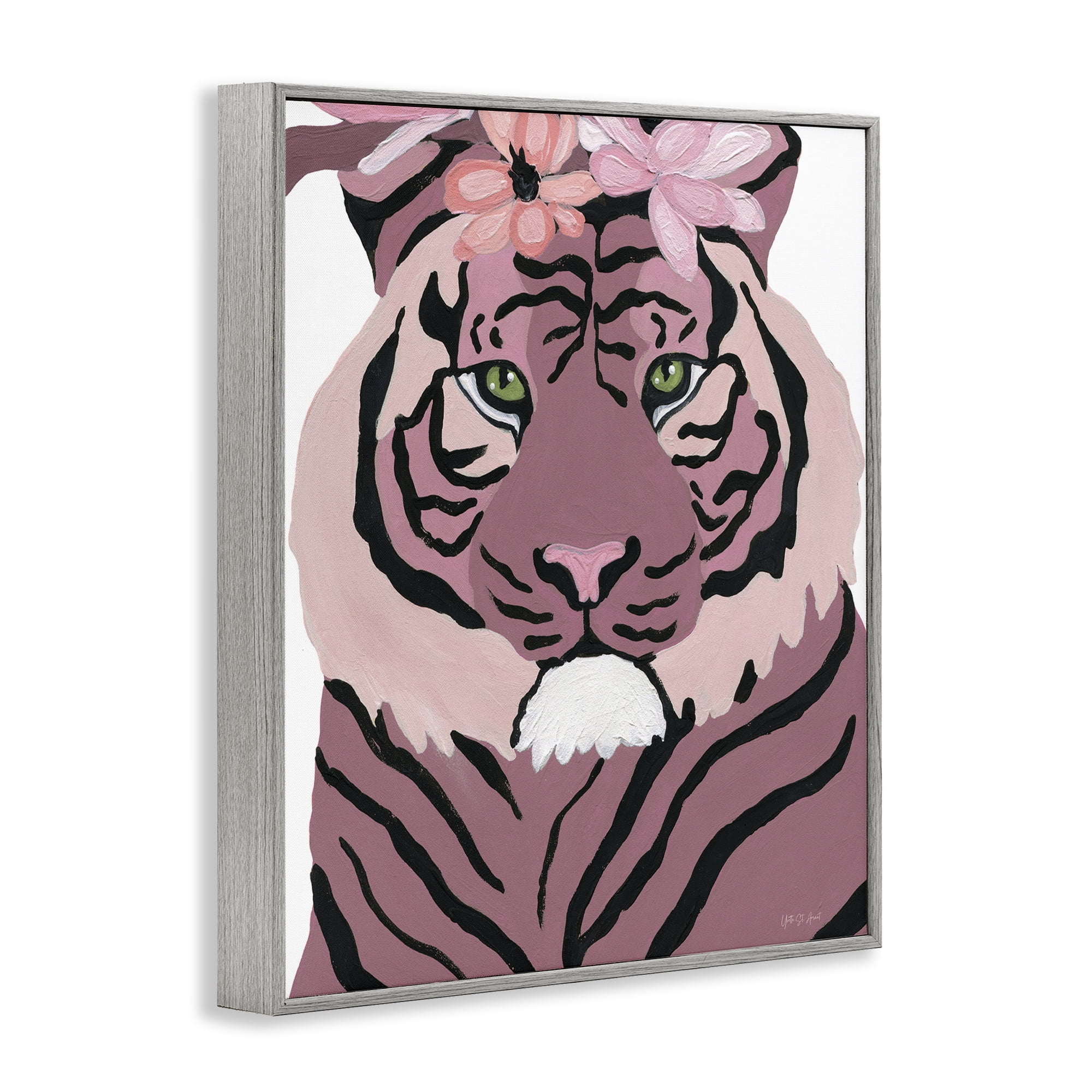 Stupell Industries Tiger with Pink Blooms Animals & Insects Painting Gray Framed Art Print Wall Art, 24 x 30