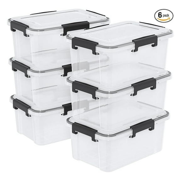 Plastic Storage Boxes 6-Pack, 12 Qt Clear Tote with Lids & Gasket Seal - Durable Moving Bins, Weatherproof Containers for Home Organization & Food Storage