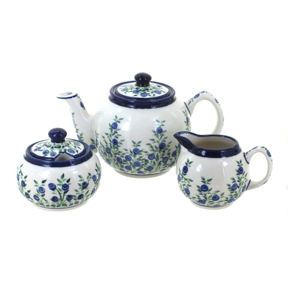 Blue Rose Polish Pottery Porcelain Vine Three Piece Tea Set