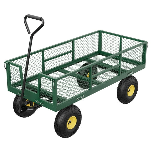 Chariot de Jardin en Acier Robuste de 900 Lb – Chariot Utilitaire avec Côtés en Treillis Amovibles, Poignée Réglable, Pneus Pneumatiques de 10 Pieds', Maniabilité à 360°, pour Pelouse, Cour, Ferme et Camping – Vert/noir/jaune