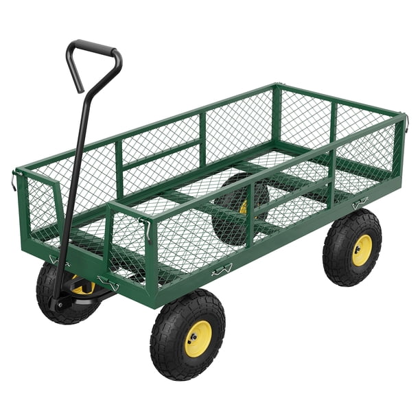 QinaQin Carrito de jardín de uso rudo con capacidad de 900 lb, laterales de malla removibles, llantas neumáticas y manija ajustable 180° para granja o patio