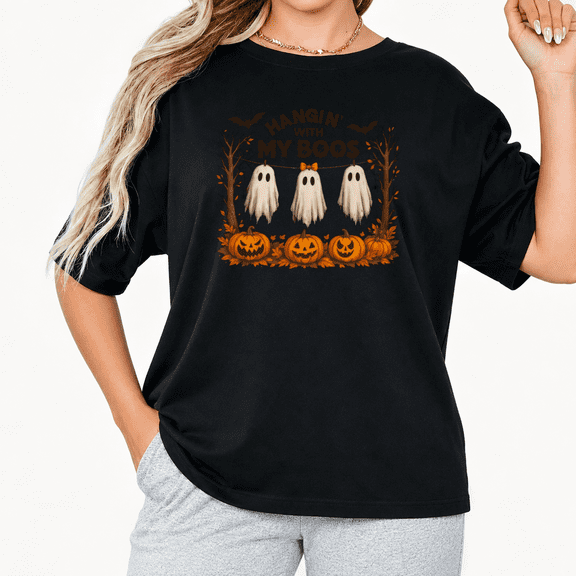 HANGIN' WITH MY BOOS Halloween Graphic Tee Ghost Pumpkin Print Short Sleeve Crewneck Top