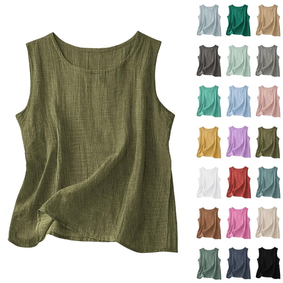 Qwertyu Womens Cotton Linen Crop Tank Tops Casual Sleeveless Crew Neck Loose Fit Solid Color Linen Blend Camisole Wine 4XL