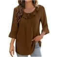 thumbnail image 2 of Fznquz Tunic Oversized Tees for Women Elegant Brown Plain T Shirt Peplum Tie Front Loose 3/4 Length Sleeve Shirts,L, 2 of 6