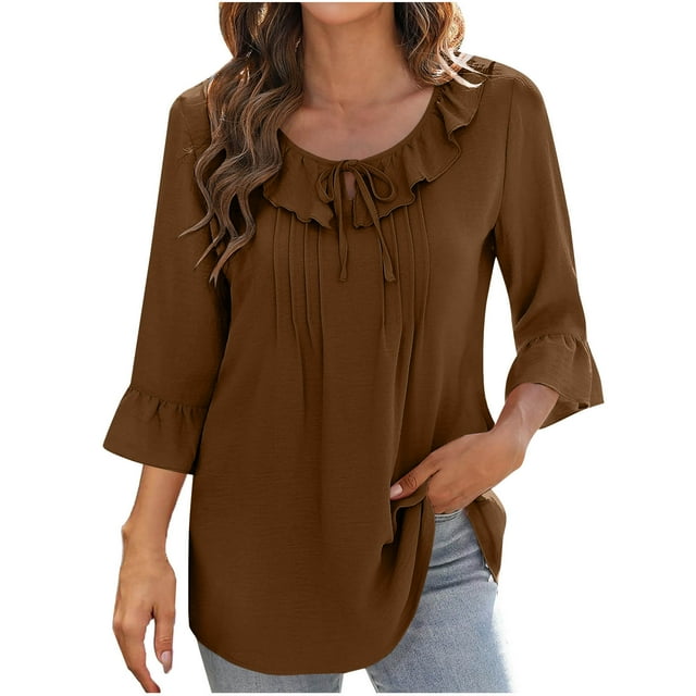 Olyvenn Hauts à Manches 3/4 pour Femmes, Col Rond, Été, Chemises à Nouer devant, Blouses Plissées Décontractées, Marron S