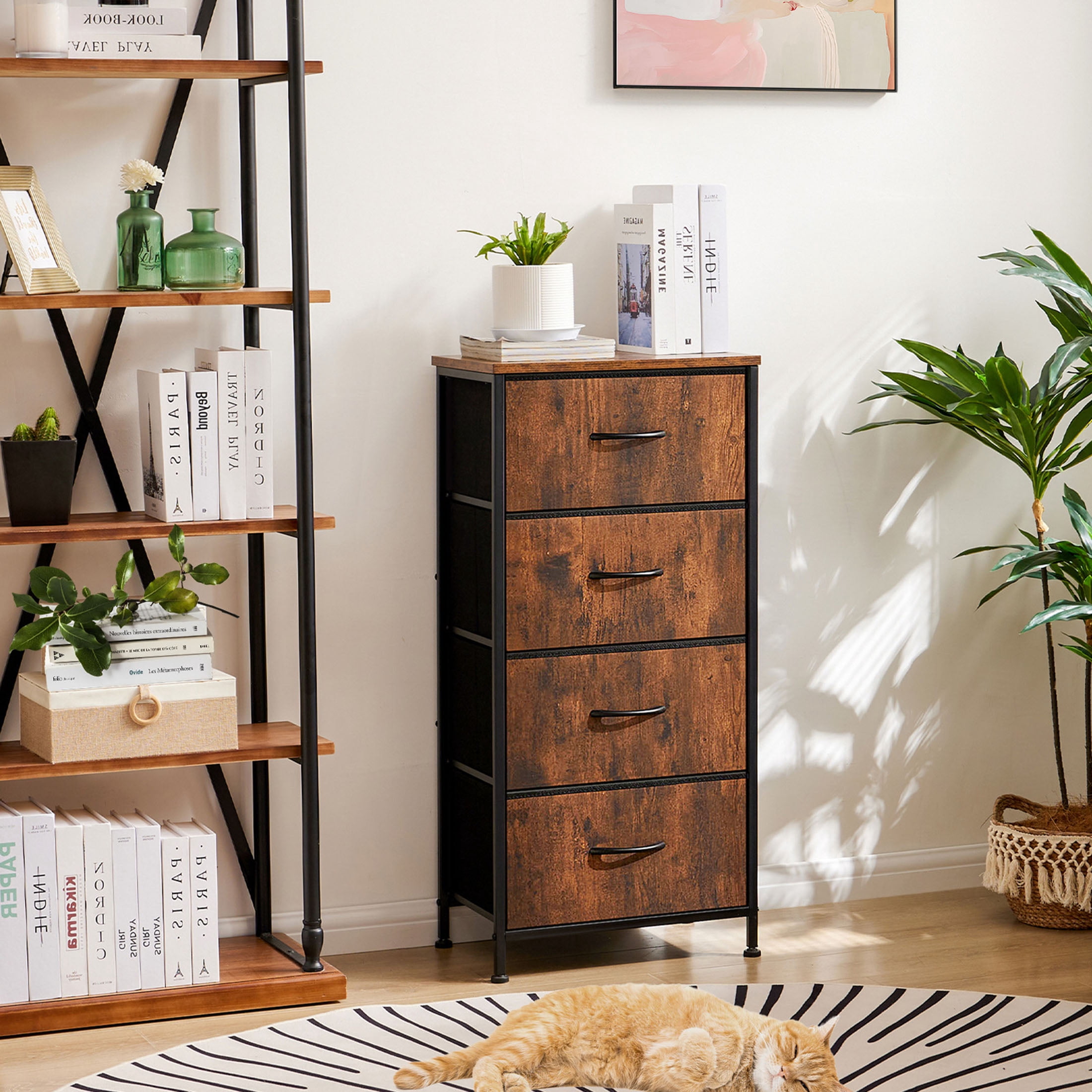 JOINSUN 4 Drawers Dresser, Storage Organizer Units for Clothing, Closet, Fabric Bins, Wood Top, Steel Frame, Lightweight, Rust