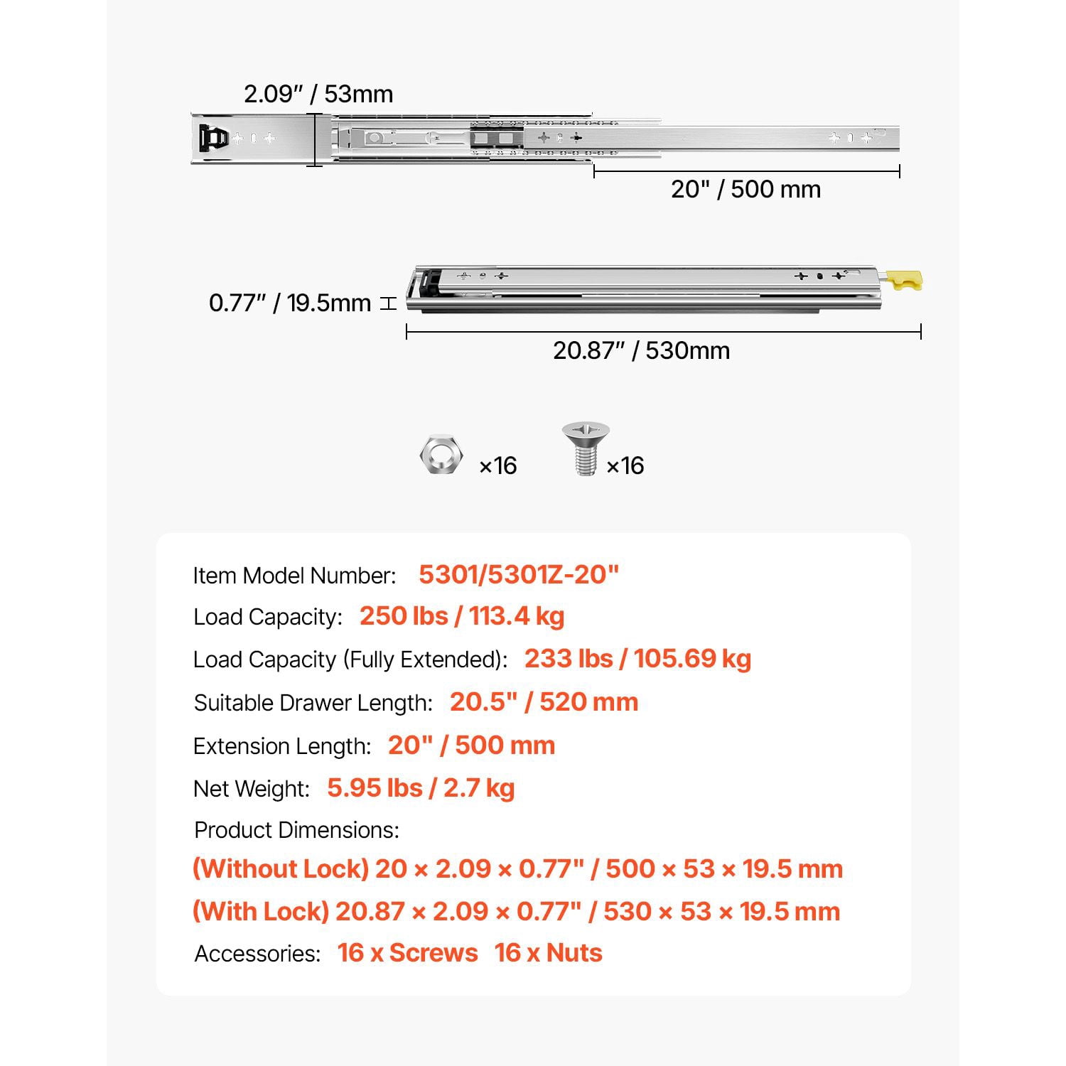 Heavy Duty Drawer Slides 20 Inch, 250 lbs Capacity, Locking Dual Lock Design, 3-Fold Full Extension, Side Mount Ball Bearing for Cabinet RV