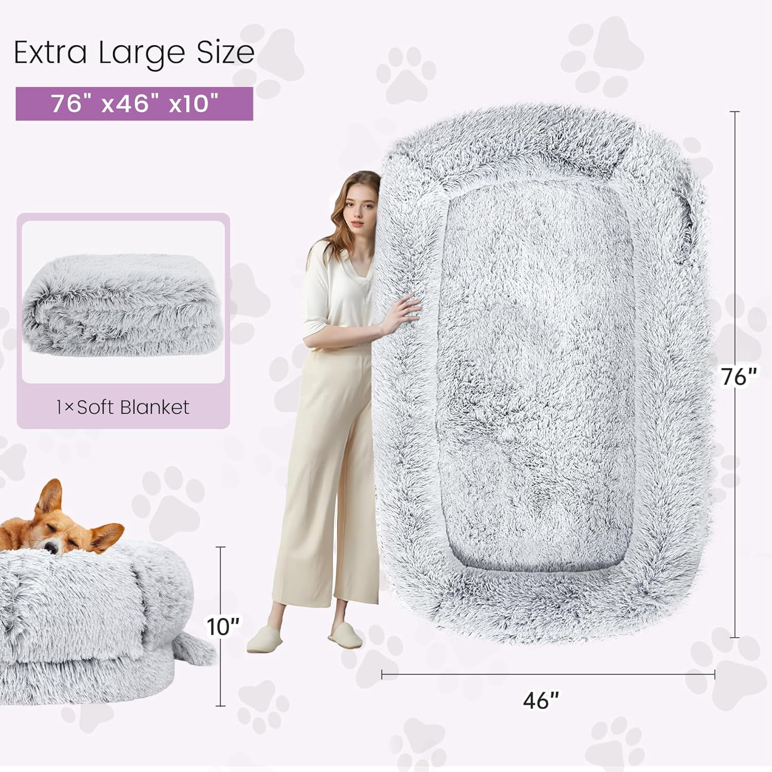 JessieMal Human Dog Bed for Adults, 75"x43"x10" Human Size Dog Bed, Orthopedic, Waterproof Removable Washable Cover, Soft Calming Lounger for People & Pets, Light Grey