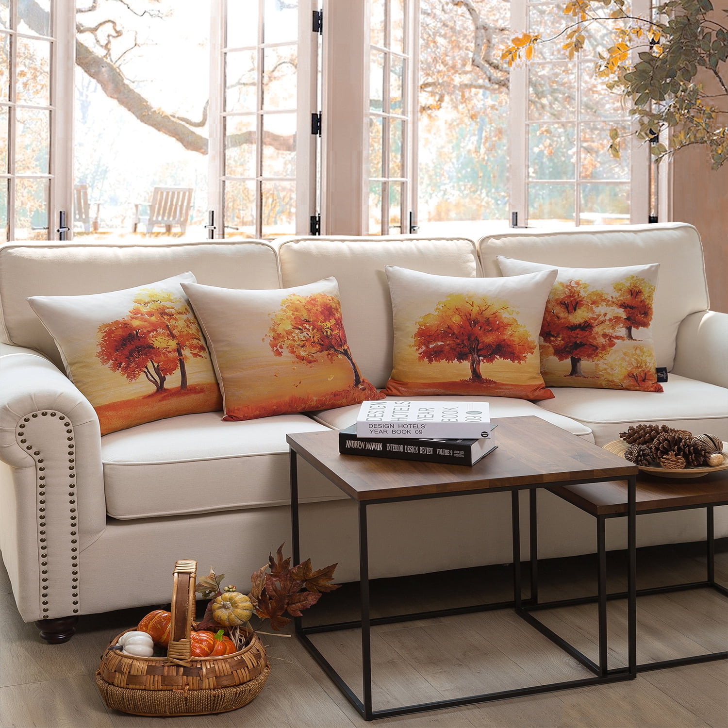 Phantoscope Season Series Decorative Throw Pillow Covers, Autumn Orange Tree, 18" x 18", Set of 4